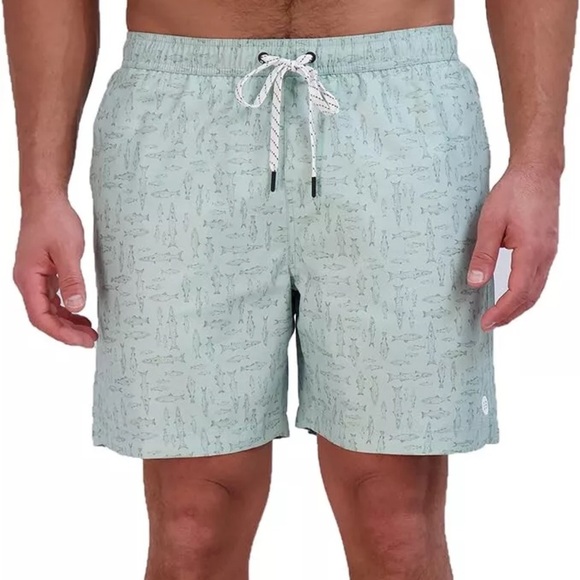 NWT Eddie Bauer Volley Swim Trunks Men’s XXL 44-46 Inseam 7” Green Fish Print - Picture 1 of 13